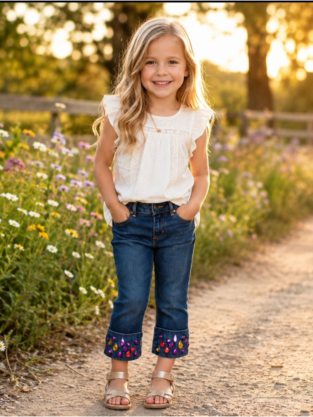 Girls Dark Blue Cropped Jeans with Colorful Jewel Hem